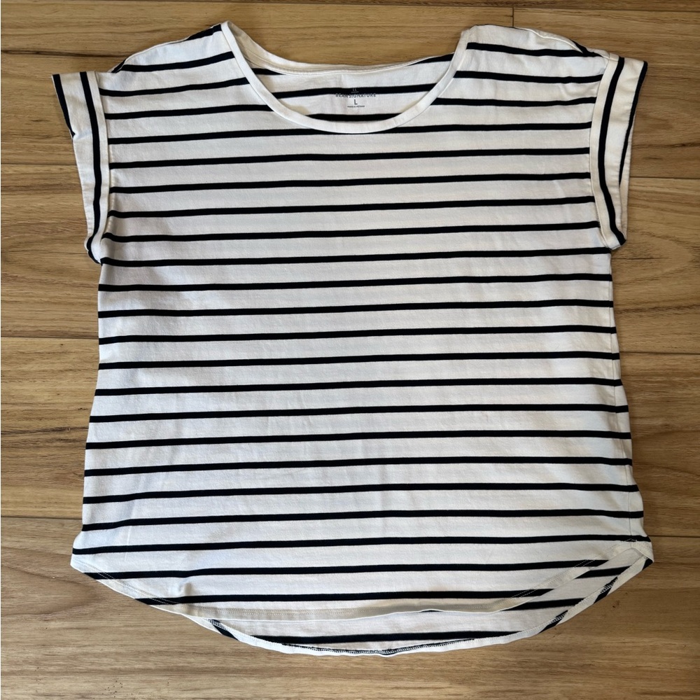 LL Bean Signature black stripes on cream short sleeve top size L
